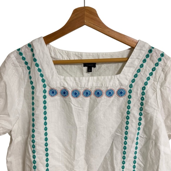 Talbots white linen blend embroidered eyelet tie sleeve square neck spring top L - Picture 4 of 12
